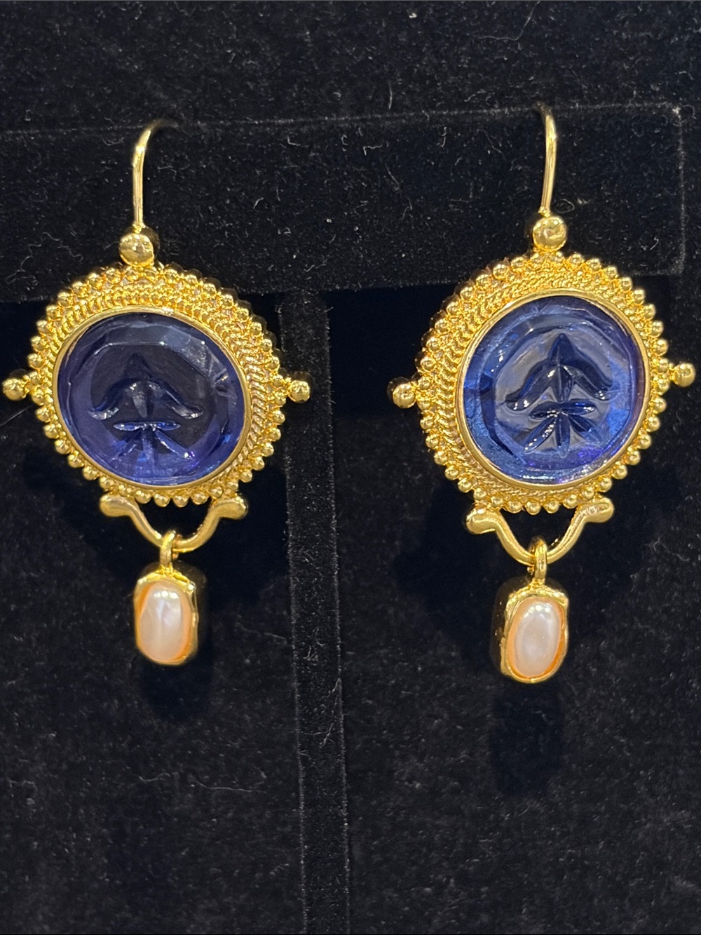 NEW Intaglio Gold-Plated Blue Glass & Pearl Drop Earrings